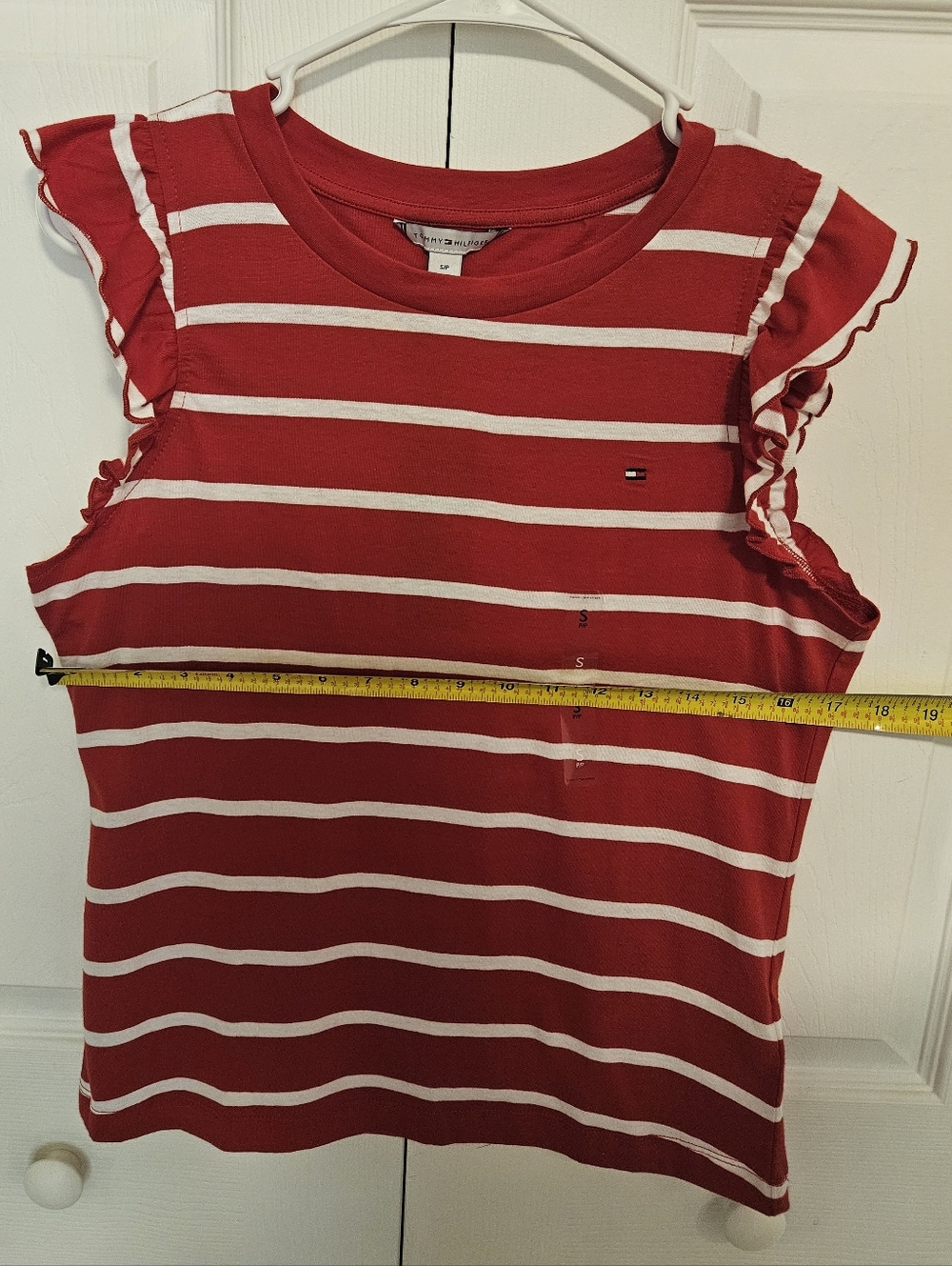 Tommy Hilfiger Red and White Striped Ruffle Flutter Sleeve Shirt Women's Size S - Picture 5 of 6